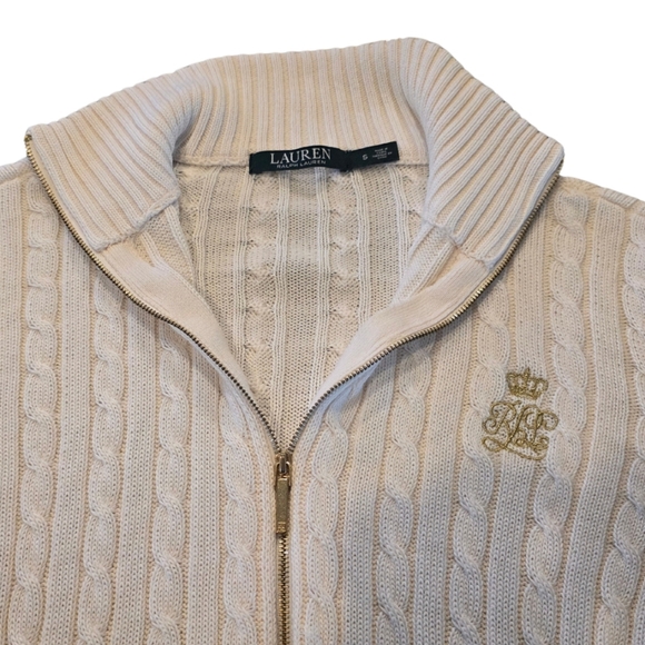 Ralph Lauren Cream Cable-Knit Zip Cardigan with Gold Logo Crest Women's Small - Picture 3 of 8